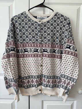 Vintage Fair Isle Sweater Cardigan with Navy & Burgundy Accents - Women's Size L